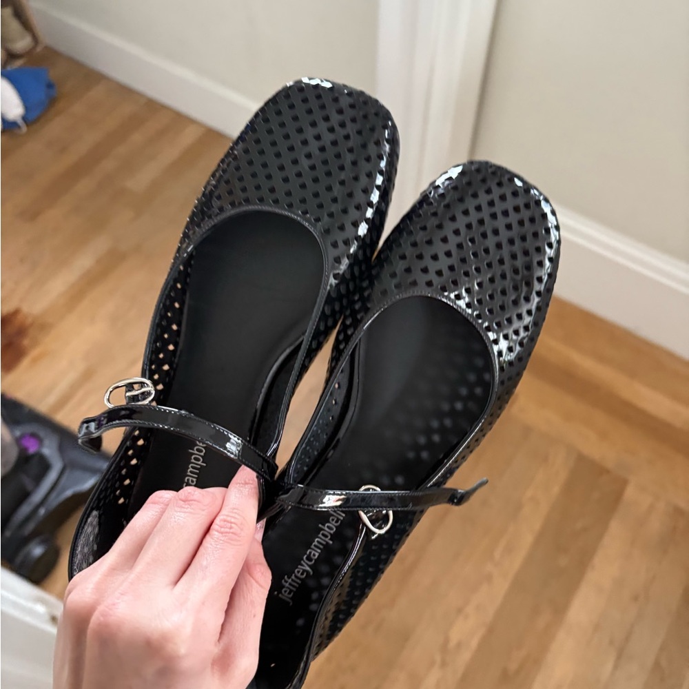 Jeffrey Campbell Black mary jane perforated ballet flats buckle patent leather